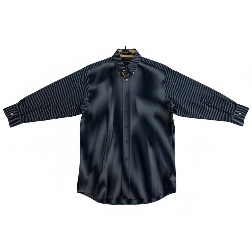 Paul Frederick navy, and yellow striped button down. Size Medium
